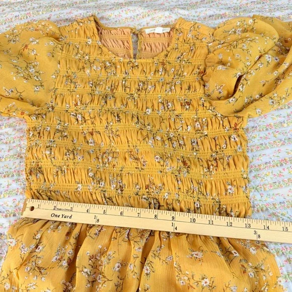 August Sky Mustard Yellow Floral Smocked Tiered Midi Dress Small Long Sleeve - Picture 12 of 13